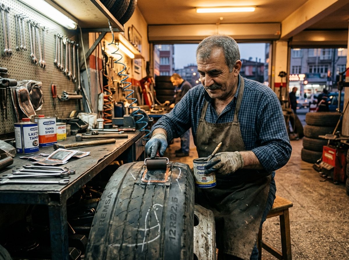 Turkish tyre repair technician at work